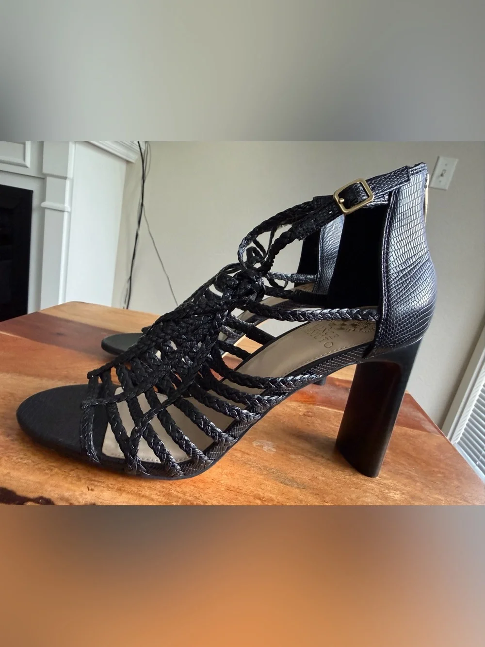 Vince Camuto Black Woven Strappy Block Heel Sandals Size 8
